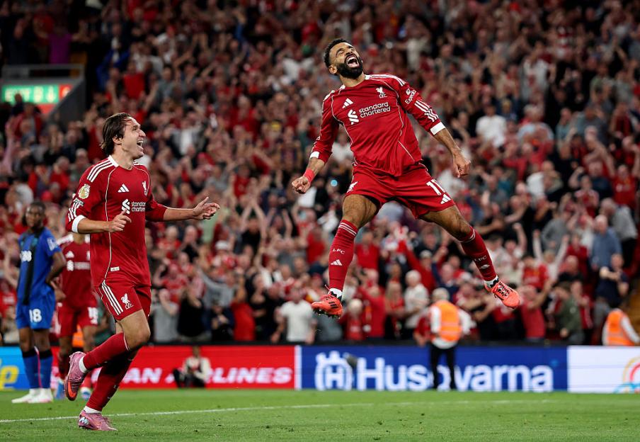 Mohamed Salah celebrating a Liverpool goal.