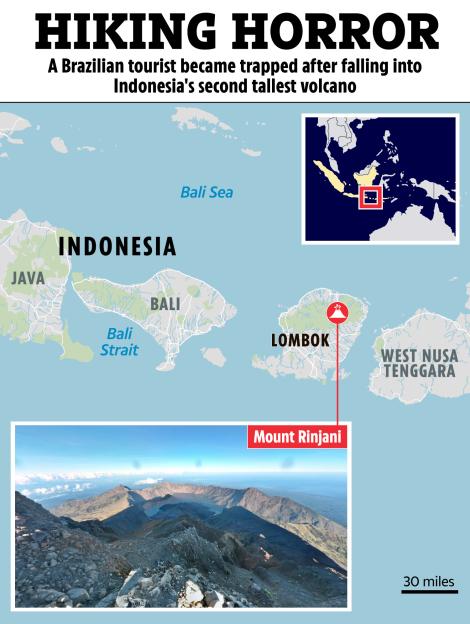 Illustration of map showing Mount Rinjani in Lombok, Indonesia, where a Brazilian tourist fell into a volcano.