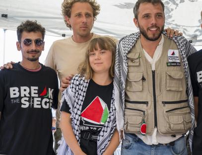 Greta Thunberg and crew members of the ship Madleen at a press conference before departing for Gaza.