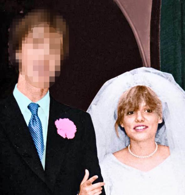 Olivia Fane in her wedding dress, with her husband's face blurred out.