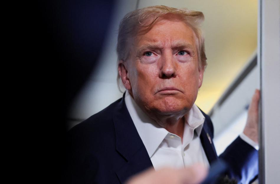 Close-up of Donald Trump speaking to the media.