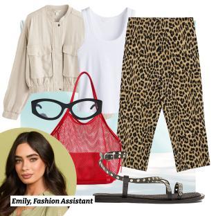 Collage of Emily, a fashion assistant's outfit: beige jacket, white tank top, leopard print pants, red mesh bag, black sandals, and glasses.