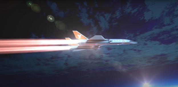 Illustration of a hypersonic jet flying through the sky.
