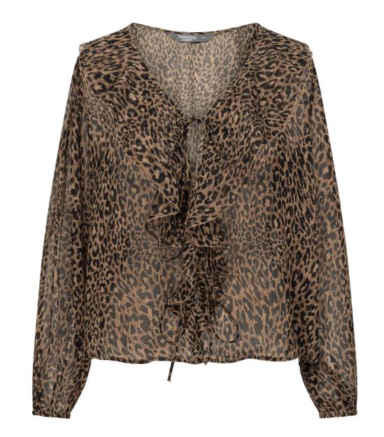 Leopard print blouse with ruffled neckline and tie.