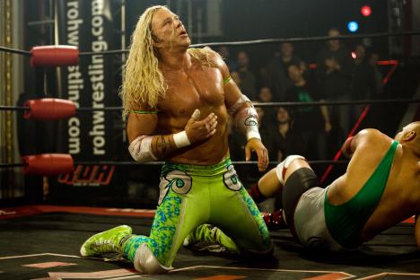 Film still of Mickey Rourke as a wrestler.