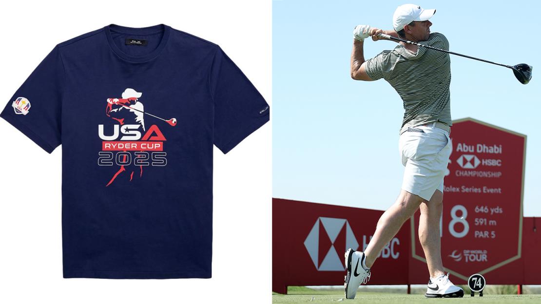 USA Ryder Cup 2025 t-shirt and golfer.