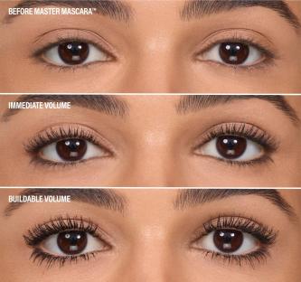 Before and after images showing mascara application, demonstrating immediate and buildable volume.