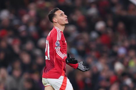 Antony of Manchester United reacts after a missed chance.