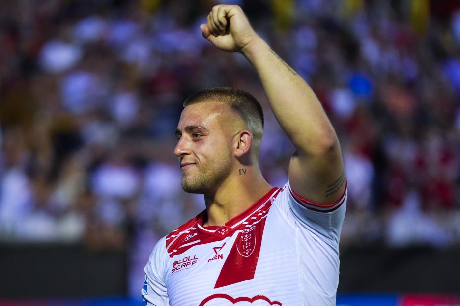 Hull KR player celebrating a victory.