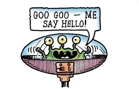 Illustration of a three-eyed alien in a flying saucer saying