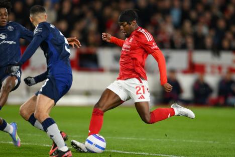 RESTRICTED TO EDITORIAL USE. No use with unauthorized audio, video, data, fixture lists, club/league logos or 'live' services. Online in-match use limited to 120 images, no video emulation. No use in betting, games or single club/league/player publications Mandatory Credit: Photo by MI News/NurPhoto/REX/Shutterstock (15233615o) Anthony Elanga of Nottingham Forest scores a goal to make it 1-0 during the Premier League match between Nottingham Forest and Manchester United at the City Ground in Nottingham, England, on April 1, 2025. Nottingham Forest FC v Manchester United FC - Premier League, United Kingdom - 01 Apr 2025