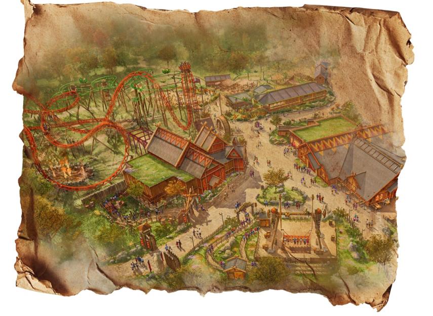 Illustration of a new theme park with roller coasters and buildings, drawn on a distressed paper map.