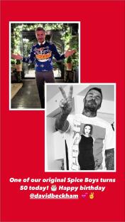 Collage of David Beckham wearing a Spice World sweater and a t-shirt with a Spice Girls image.