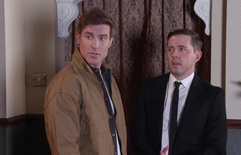 Still image from Coronation Street showing Theo Silverton and Todd Grimshaw.