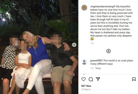 Woman with three children on a bench; accompanying text expresses sadness and heartbreak.