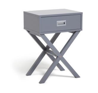 Grey bedside cabinet with a single drawer and X-shaped legs.