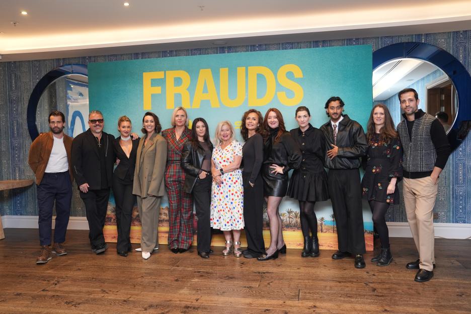 Frauds drama cast and crew, including Christian Cooke, Lee Boardman, Thais Martin, Suranne Jones, Anne-Marie O'Connor, Giulia Gandini, Alison Owen, Talisa Garcia, Elizabeth Berrington, Jodie Whittaker, Karan Gill, Katie Kelly, and Javier Taboada, at a photocall.
