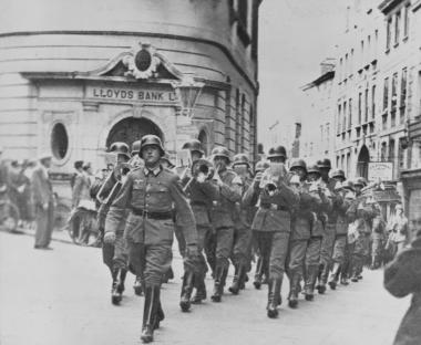 Nazi occupation of the British Channel Islands: Nazi's marching through Guernsey during World War Two, 1940. (Photo by Express/Archive Photos/Getty Images)