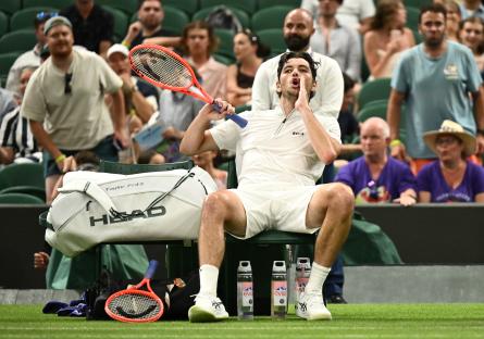 Taylor Fritz reacting during a Wimbledon tennis match.