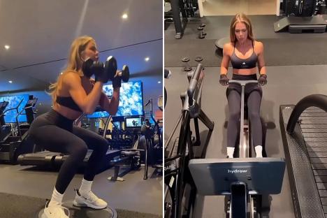 An image collage containing 2 images, Image 1 shows Khloe Kardashian doing squats with dumbbells in a home gym, Image 2 shows Khloe Kardashian using a rowing machine in a gym