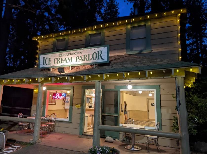 Camp Richardson's Ice Cream Parlor at night.