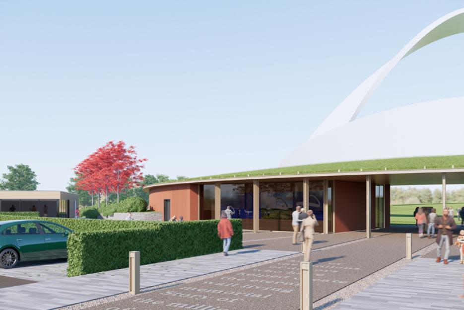 Illustration of a modern building with a grass roof and a curved white structure against a clear sky, with people walking on paved areas.