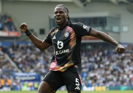 Caleb Okoli of Leicester City celebrating a goal.
