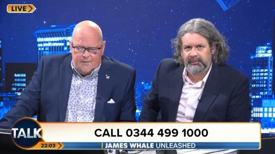 Screenshot of a TV show featuring James Whale announcing he's at the end of his cancer journey.