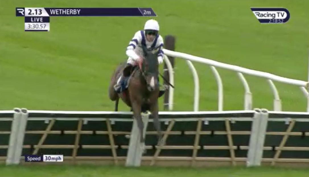 A horse and jockey jumping a hurdle during a race at Wetherby.