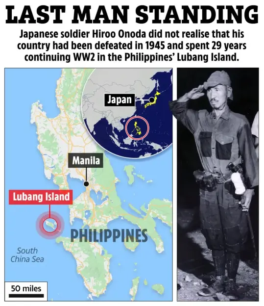 Collage of map showing Lubang Island in the Philippines and a photo of Japanese soldier Hiroo Onoda.