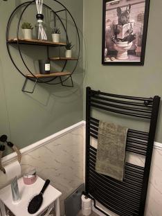Bathroom makeover with green walls, black shelving, and a framed print of a dog reading a newspaper on a toilet.