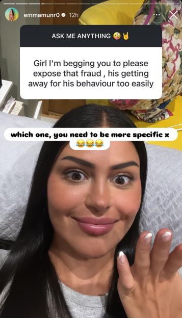 Emma Munro from Love Island responding to an "Ask Me Anything" question about exposing a fraud.