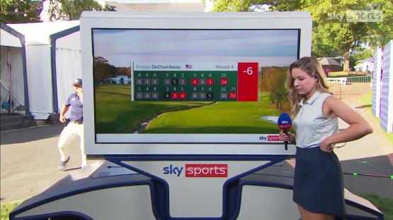 Sky Sports reporter reporting on Bryson DeChambeau's golf score.