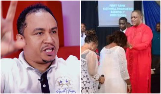 Daddy Freeze reacts as Femi Fani-Kayode lays hands on people in Church