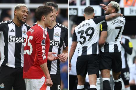 Moment furious Newcastle star Joelinton ‘offers Manuel Ugarte a SCRAP down the tunnel’ as he’s subbed off vs Man Utd