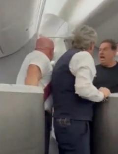 Flight attendant intervening in a passenger altercation.