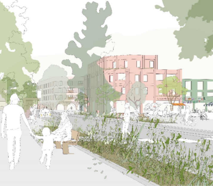 Illustration of a proposed urban development with people walking and sitting near buildings and greenery.