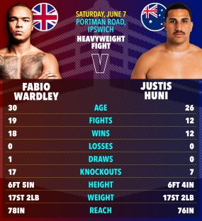 Boxing match card: Fabio Wardley vs Justis Huni. Stats included.