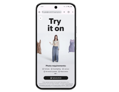Screenshot of a phone screen showing a Google Shopping feature that lets users try on clothes virtually.