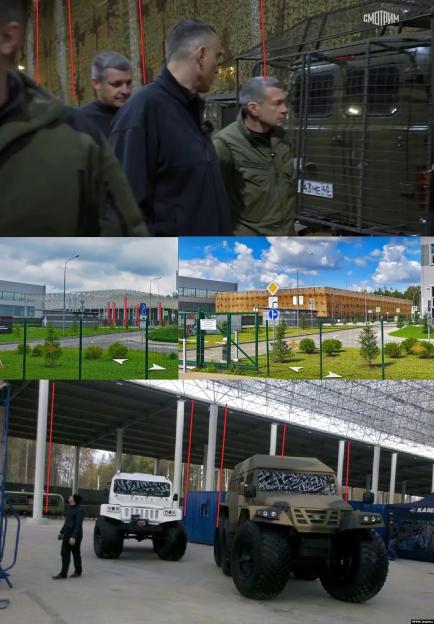Collage of three images showing Putin's top war propagandist Vladimir Solovyov accidentally revealing the Rubicon drone headquarters at Patriot Park.