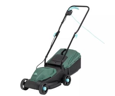 Green and black electric rotary lawnmower.