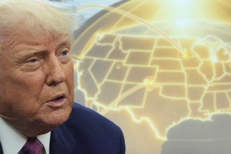 President Trump speaking in front of a map of a missile defense system.