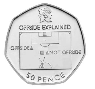 50 pence coin depicting the offside rule in football.
