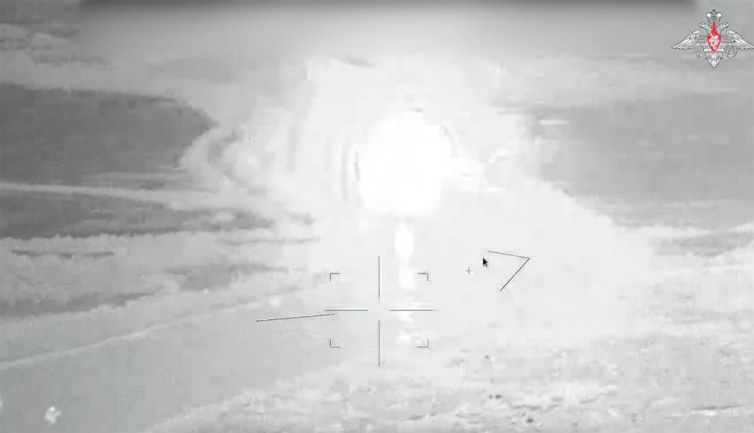 Russian drone striking Ukrainian ship.