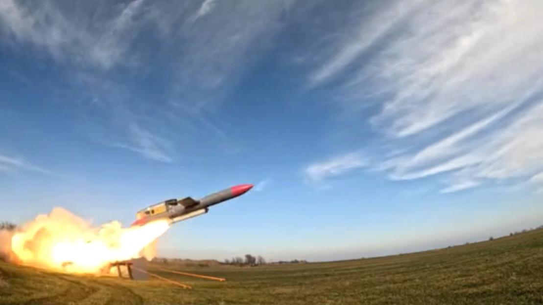 A long-range cruise missile, known as Flamingo, launching into the sky.