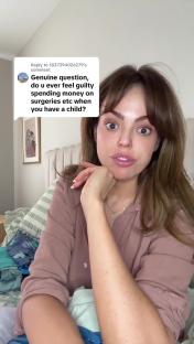 Woman discussing guilt over spending money on surgeries while having a child.