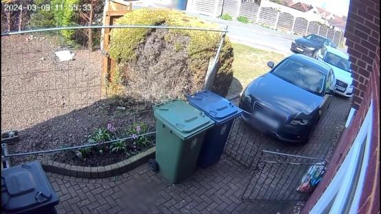 CCTV image showing a dark-colored BMW driving towards a woman in front of a house.