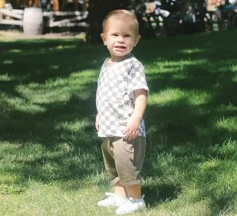 Toddler in checkered shirt and shorts standing in a grassy area.