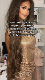 Woman with long brown hair and makeup, wearing a sparkly dress.
