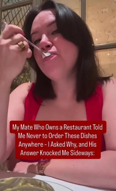 Woman eating, with text overlay explaining why she shouldn't order certain restaurant dishes.